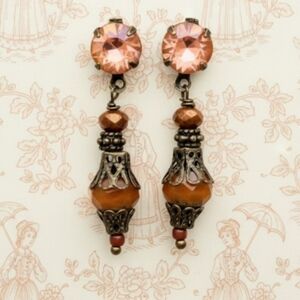Victorian Rustic Autumn's Pumpkin Orange Crystal & Glass In Brass Earrings